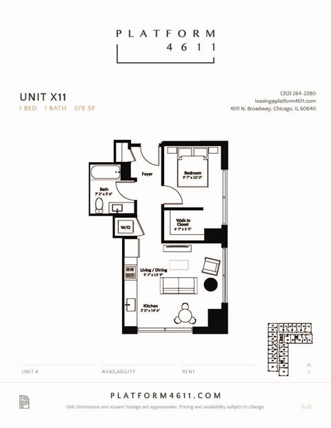 Floor plan for 1 bed, 1 bath, 602 sqft